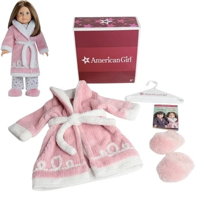 American Girl Emily Robe & Slippers Pink Plush Fuzzy Bathrobe Shoes Cards Hanger - Image 1 of 4