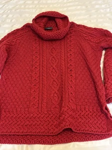 ARAN Ireland Cable Knit Turtleneck Merino Wool Sweater Red Women’s Large - Picture 1 of 9