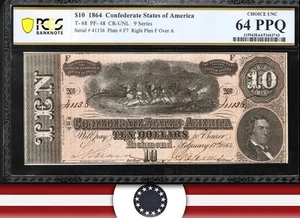 T-68 1864 $10 CONFEDERATE CURRENCY PCGS 64 PPQ CIVIL WAR TEN DOLLAR BILL 41136 - Picture 1 of 3