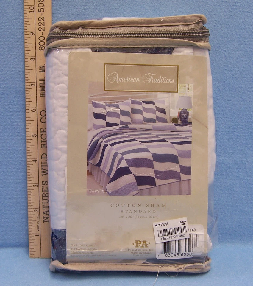 NUEVO Almohada Acolchada Azul y Blanco American Traditions Sham Estándar 20" x 26" Nuevo de Lote Antiguo Foto 1 de 3