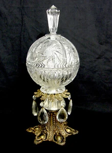 Vintage Kristall Runde Schale & Deckel-Antik Gold Standfuß-6 Prismen-15" Hoch - Bild 1 von 24