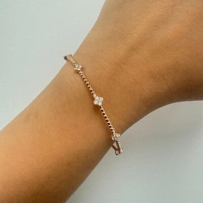 Brazalete de diamantes naturales reales, brazalete flexible con cuentas, racimo de flores, oro de 14 k Foto 1 de 4