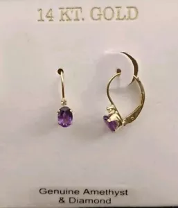 Ohrringe 14 kt Gold echter Amethyst & Diamant Ohrstecker neu in Box - Bild 1 von 9
