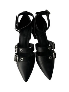 OFFICE black real leather pointy strappy heels shoes size 6 - Picture 1 of 4