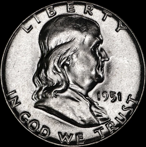 1951 Franklin Half Dollar Silver Brilliant Uncirculated, Nice Strike!, 363 Cover