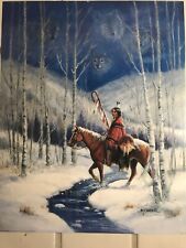 Vintage Native American Indian Print by M Caroselli Indian Signed Litho Wolves