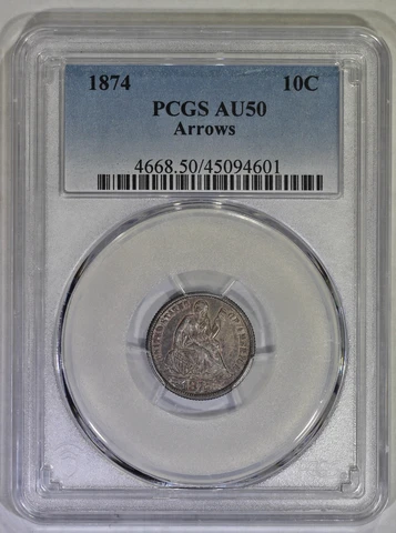 1874 Arrows 10c Liberty Seated Dime PCGS AU50 Cover