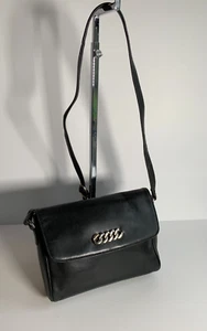 VTG 90s black leather shoulder cartridge bag VGC satchel classic House of Fraser - Picture 1 of 10