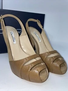 Oscar De La Renta Camel Patent Leather Sandals Slingback Stiletto Size 36 US 6 - Picture 1 of 9