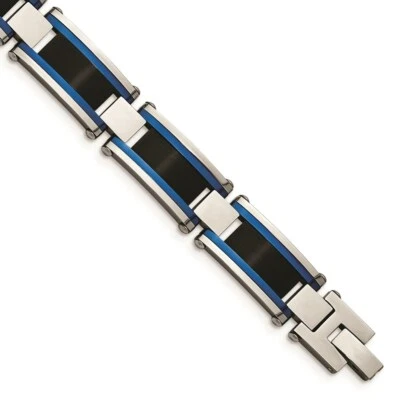 Stainless Steel Brushed and Polished Black & Blue IP-plated 8.75in Bracelet - Image 1 of 3
