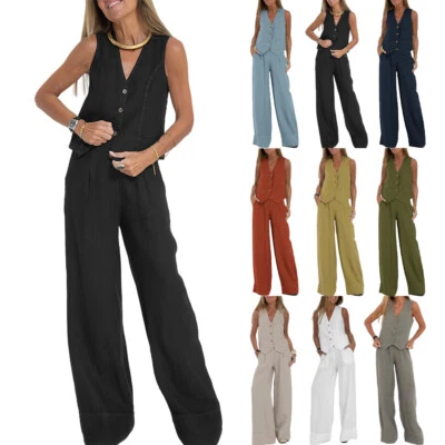 Womens 2Pcs Tank Tops Wide Legs Trousers Ladies Linen Cotton Set Suit Outfits UK - Image 1 of 4