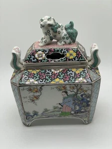 Antikes Porzellan Räuchergefäß Foo Hund Deckel Fuß Gold Vergoldung Meiji Japanischer Räucherstäbchen - Bild 1 von 19