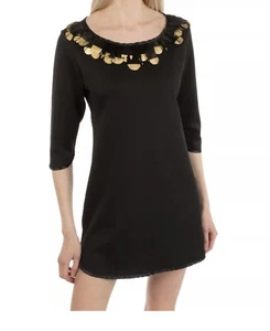 JIJIL Women's NWT XS 0 Black Embellish Feather Scoop 3/4 Sleeve Tunic Mini Dress - Picture 1 of 12