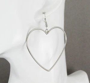 Silver heart earrings earrings 2.5" long dangle lightweight outline heart - Picture 1 of 10