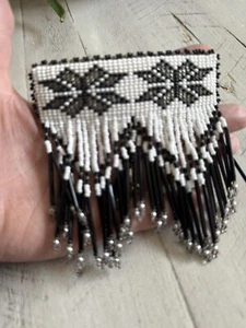 Vintage Leather Hand Sewn Seed Bead South-Western Barrette With Fringe 4 Inches - Picture 1 of 11