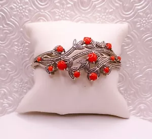 Sterling Siver 925 Chuck Clemency Red Coral Flower Hinged Bangle 7" Bracelet - Picture 1 of 12