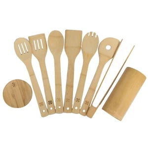 9 Piece Organic Bomboo Cooking Utensils with Spoon Rest and Utensil Holder - Picture 1 of 5