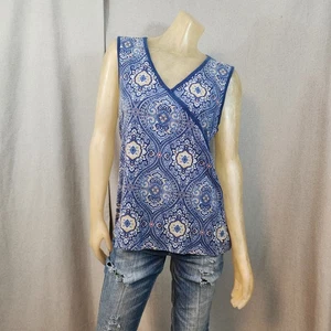 Tommy Hilfiger Blue Yellow Geo Print V Neck Sleeveless Blouse Top Shirt LARGE - Picture 1 of 6