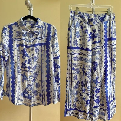 Conjunto de 2 - Camisa Top Joie Mujer Lino Azul Blanco Tropical Floral Talla M Foto 1 de 4