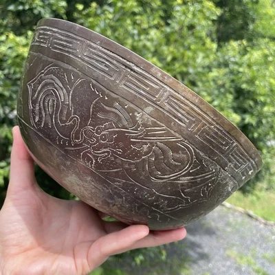 Antiguo cuenco chino de bronce inciso para cantar con meditación de dragón años 1920 - 1930 Foto 1 de 4