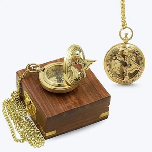Brass Sundial Compass with Wooden Box, 2 Inch Dial, Chain and Anchor Design - Picture 1 of 7