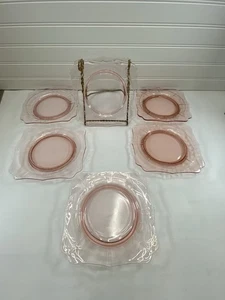 Vintage Set 6 rosa Depression Glas Mittagessen Teller 7" - Bild 1 von 9
