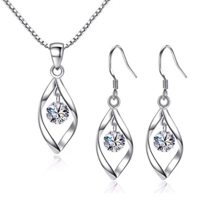 925 Placcato Argento Lucente Love Cuore Festa Matrimonio Sposa Orecchini Collana - Immagine 1 di 4