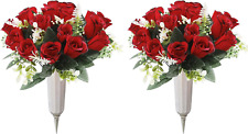 2Pcs Artificial Cemetery Flowers for Grave Silk Memorial Red Rose Flowers Outdoo
