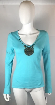 Top de ganchillo Energie para mujer azul aguamarina manga larga cuello en V cuentas talla M RN #33354 Foto 1 de 4