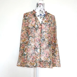 Sportscraft Flora Blouse Size 12 Pink Multi Floral Sheer Long Sleeve V-Neckline - Picture 1 of 11