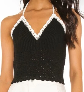 Alice + Olivia schwarz-weich weiß Saran Cropped Häkel Neckholder Top Gr. M - Bild 1 von 8