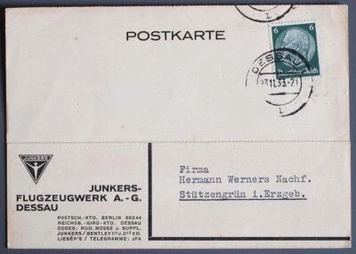 GERMANY 1933 JUNKERS Flugzeugwerk/Aircraft Factory Card DESSAU to Stüzemgrün !!! - Image 1 of 2
