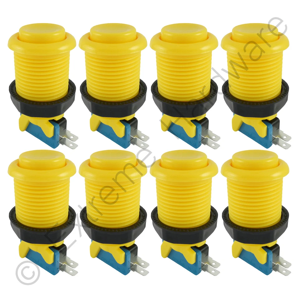 EXTREME HARDWARE 8 x Happ Style 28mm Round Classic Arcade Buttons & Microswitches (Yellow) - MAME