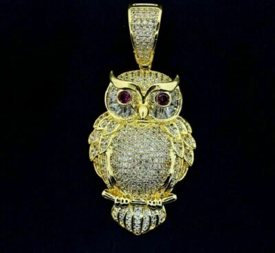 Round Cut 4CT Lab Created Diamond Owl Bird Charm Pendant 14K Yellow Gold Finish - Image 1 of 4