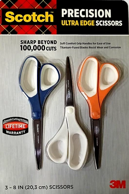 3M Scotch Precision Ultra Edge Scissors 8'' (3' Blade) 3 克拉:粉色、蓝色、白色 — 第 1/2 张图片