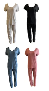 Damen Pyjama Schlafanzug mit Spitze Kurzarm Grau, Blau, Schwarz, Rosa Gr. S - Picture 1 of 5