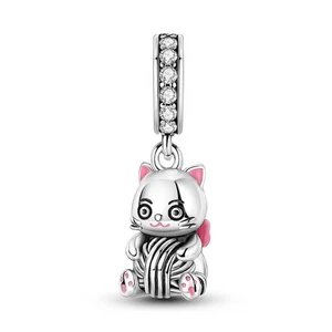 MULA Cat Playing With String Ball DIY Charm CZ For Bracelet 925 Sterling Silver - Picture 1 of 6