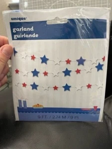 4th Of July Red White & Blue Stars Garland 9ft Decoration New!!! - Picture 1 of 2