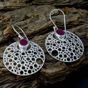925 Sterling Silver Drop and Dangle Earing Red Ruby Round Shape For Women - Picture 1 of 4