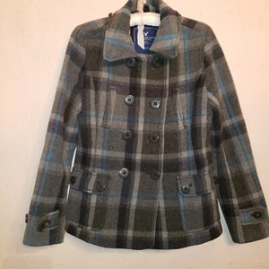 American Eagle Womens Gray Plaid Wool Blend Pea Coat Academia M - Picture 1 of 12
