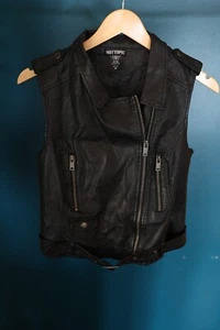 Hot Topic Black Moto Vest L Faux Leather Asymmetrical Bad Kitty back Patch - Picture 1 of 11