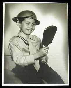 Vtg Photo Boy w/ Helmet Uniform Mirror Junior Civil Defense(?) 11 x 14" ~1940s - Picture 1 of 4