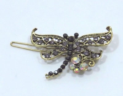 Bejeweled Libélula Mini Mariposa Barrette Antiguo Tono Dorado Gris Gemas Foto 1 de 2