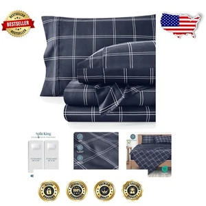 Split King Bed Sheet Set - 5-Piece Ultra-Soft Microfiber, Midnight/White - Picture 1 of 11