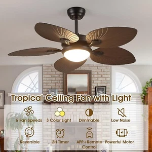 Tropical Style Indoor Outdoor Ceiling Fan 44" Palm Leaf Blades Bowl Light Remote - Picture 1 of 6
