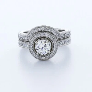 1.86CTW LAB DIAMONDS G/VS2 ROUND CUT PLATINUM PRONG HALO ACCENT RING WITH BAND - Picture 1 of 7