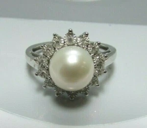 Alwand Vahan 10K White Gold 8 mm Pearl Diamond Halo Ring Sz 7 - Picture 1 of 6