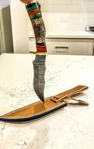 Handmade Hunting/kitchen Knife, Damascus Blade, Stag Horn & Brass Handle, Sheath - Picture 1 of 9