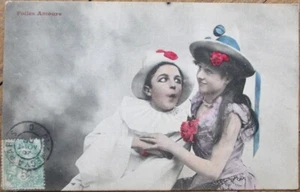 Pierrot Clown Couple 1906 French Postcard: 'Follies Amours' - Facial Expressions - Picture 1 of 1