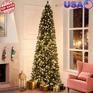 7.5ft Prelit Slim Christmas Tree 350 Warm Lights 1102 Branch Tips Metal Stand US - Picture 1 of 7